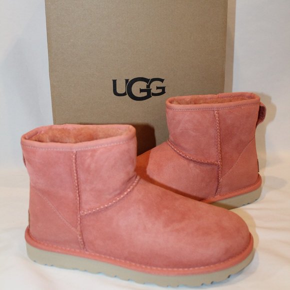 NIB UGG WOMEN'S MINI SUEDE SHEARLING LINED ANKLE BOOTS BOOTIES CORAL PINK - Picture 1 of 8